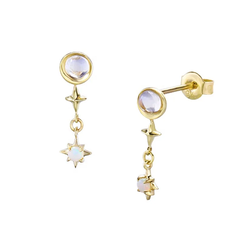 

HYH jewelry 9k earrings Dubai real solid 9k earrings nature moonstone and opal gold earrings, 9k gold