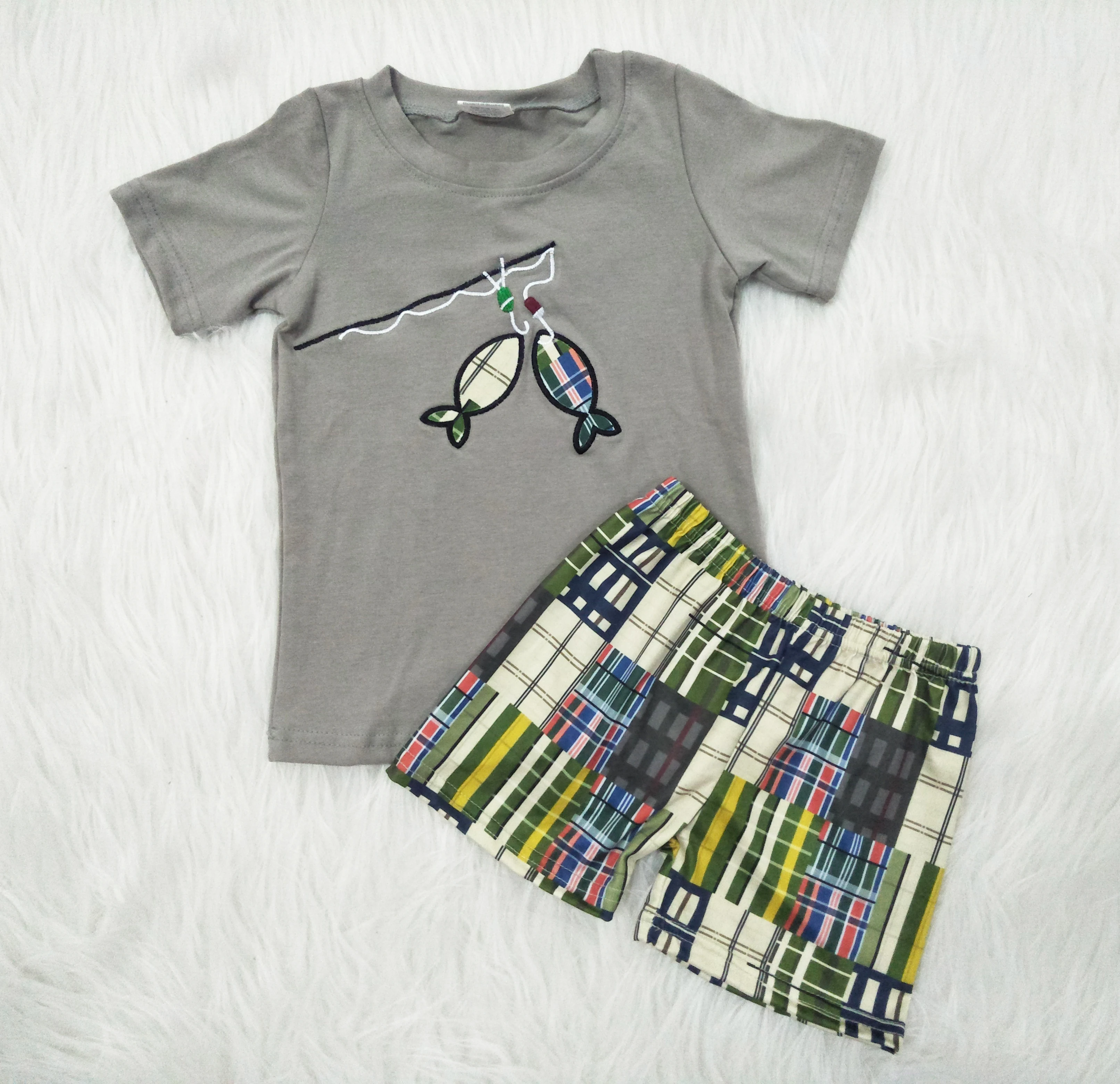 2020 fashion Baby boys spring/summer embroidery fish gray outfit short sleeve shirt shorts set casual outfits kids clothing