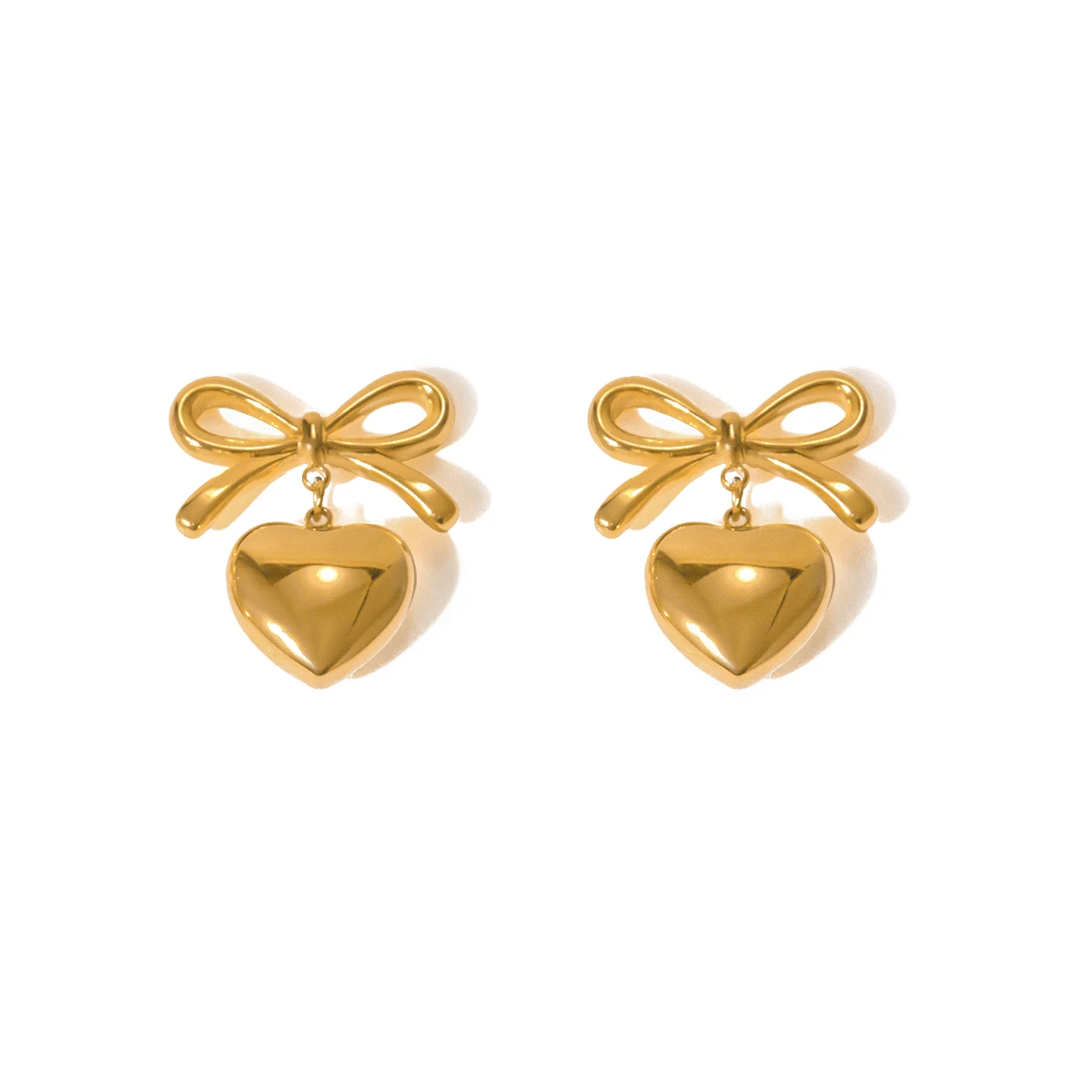 

J&D Fashion Waterproof 18K Gold Plated PVD Stainless Steel Smooth Heart Pendant Bow Stud Earring Girl