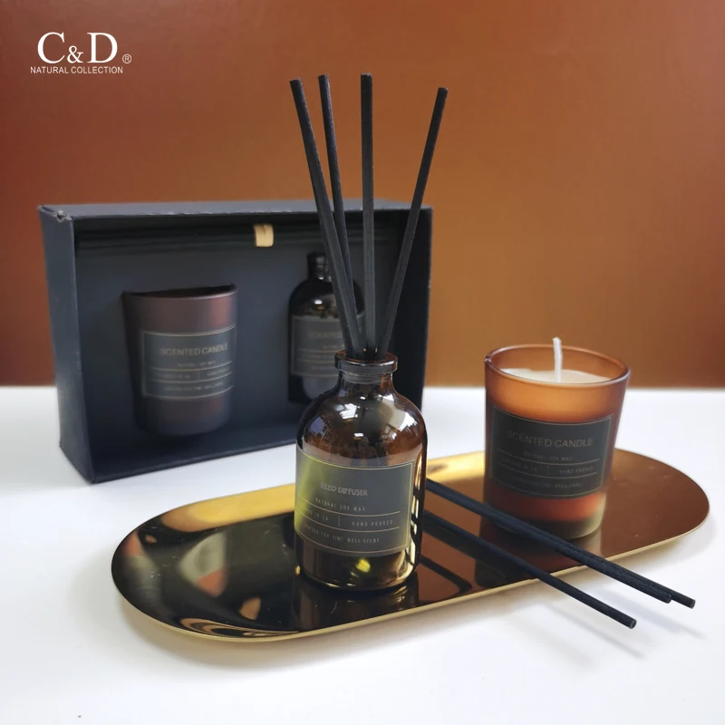 

Wholesale Custom Matte Black Bottle Home Room Hanging Fragrance Diffuser Scented Candle Fragrance Reed Diffuser Gift Set