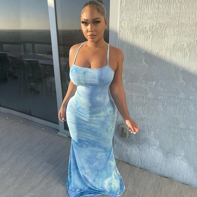 

2021 Tie Dye Boat Neck Backless Maxi Dress Elegant Backless Dress Sleeveless Clothes Dresses Sping Summer Sexy -YS, Blue