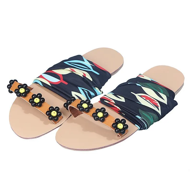 

New fashion colorful ankle bow tie floral flat heel sandals beach shoes large size