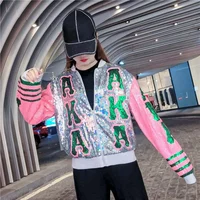 

Sequins Jacket Sequin Top Women Hip Hop Jacket Autumn Sequin Coat Letters O-Neck Zipper Out Wear Women College JackeAKA Jacket