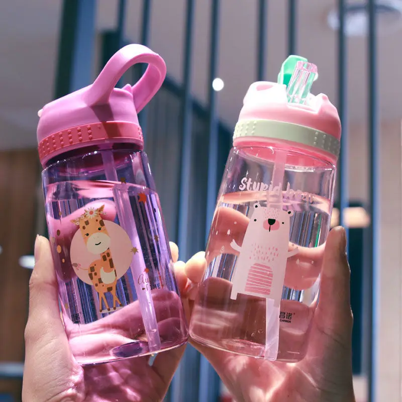 

Korean Version Children's Cute Cartoon Straw Water Cup Student Kids Boy Girl Creative Plastic Outdoor Portable Water Bottle, Purple,green,blue,pink