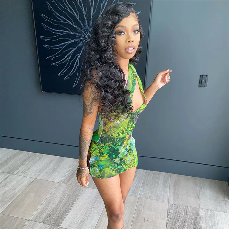 

Wholesale 2021 summer one shoulder hollow out floral casual nightclub mini bodycon dresses for women, Photos show