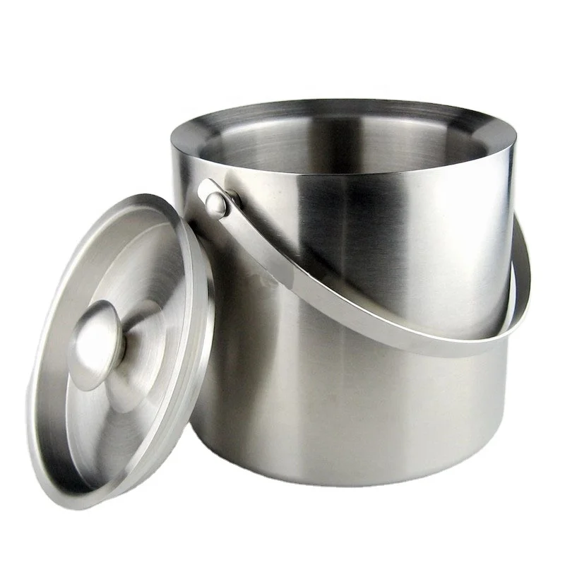 

Stainless Steel Double-Walled Heat Insulated Ice Cube Bucket Round Container Bucket Wine Ice Cooler Beer Cabinet Kitchen Tool, Silver