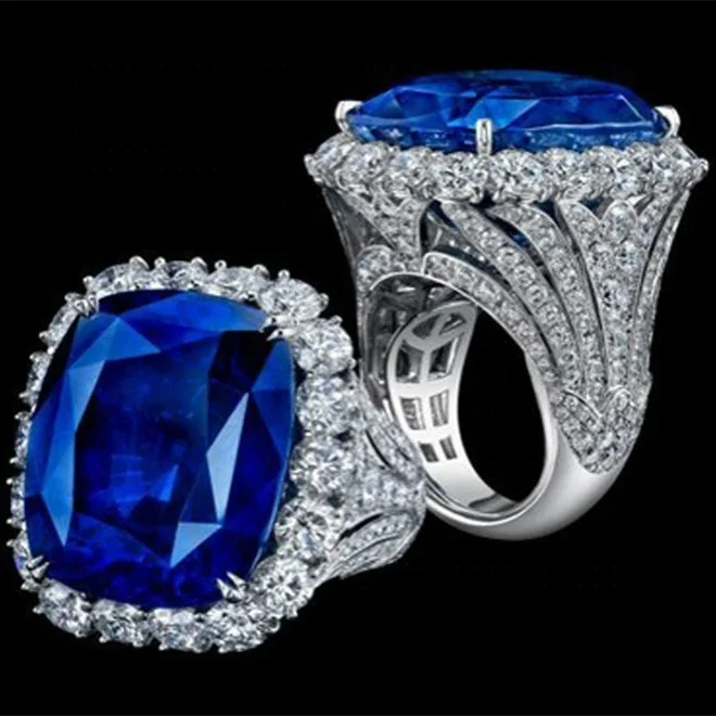 

Luxury Female big Blue Stone Ring Silver Color Wedding Band Rings For Women Cute Fashion Large Engagement Ring Jewelry Gifts