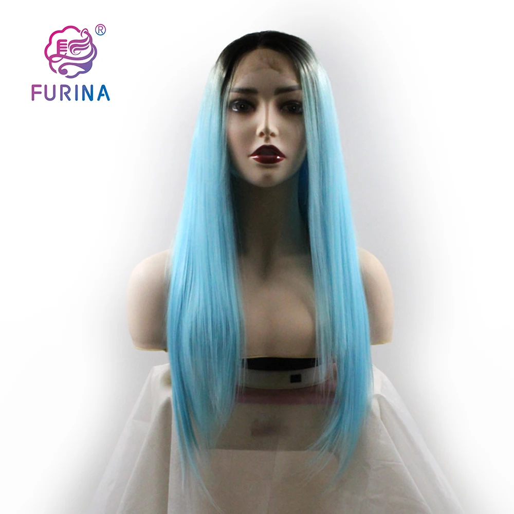 

Furina Silky straight 26" Korea Heat Resistant Fiber Middle Part 1B/Blue# color synthetic lace front Wigs