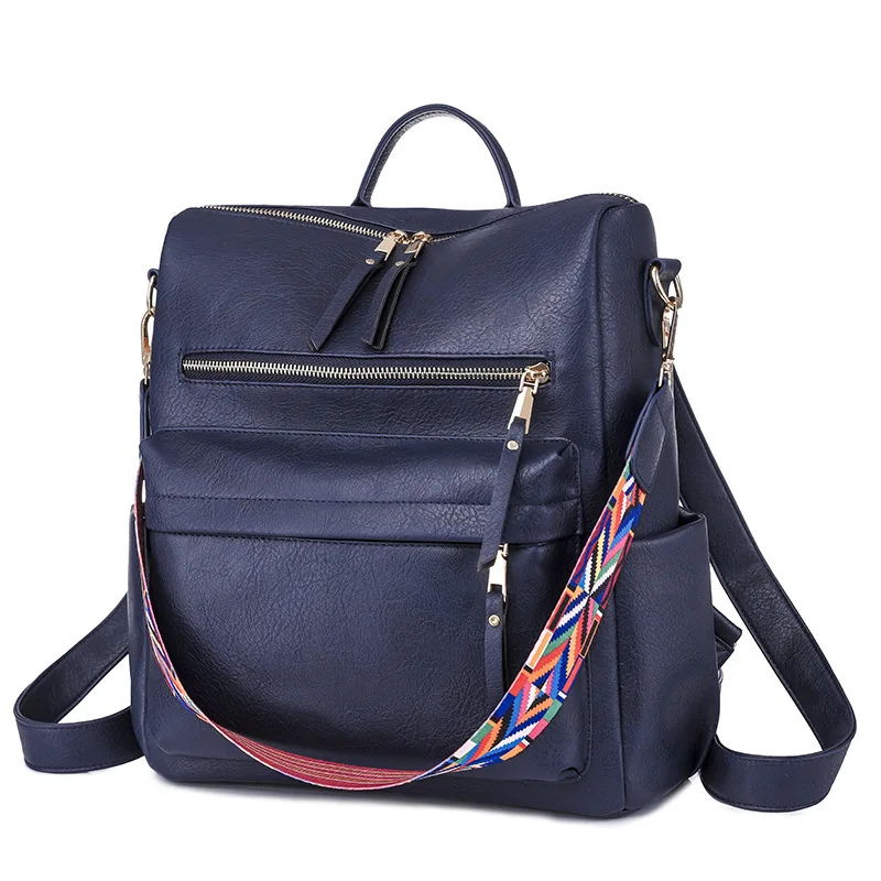 

2021 Amazon High Quality Monogram Pu Leather Backpack Bag Women College Latest Design Back Pack Vegan Navy Blue Leather Backpack