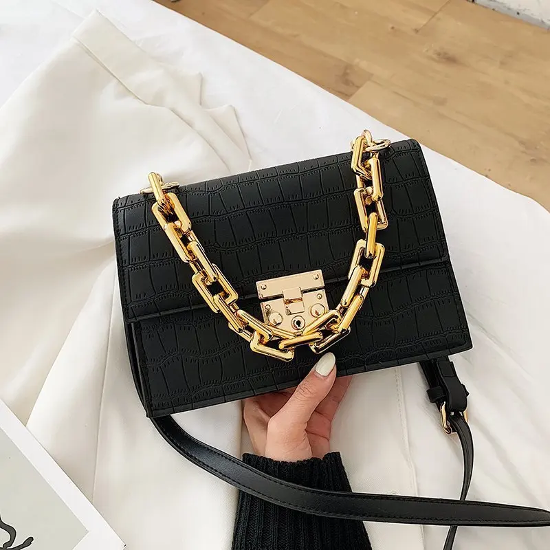 

New arrival luxury stone pattern lock single shoulde women hand bags ladies chunky chain handbag with strap, 3 colors