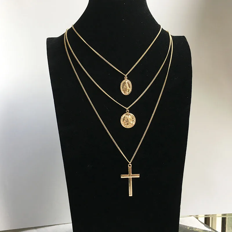 

Europe and America fashion Retro Multi-layered Virgin Cross Three-layer sweater chain Gold coin pendant necklace