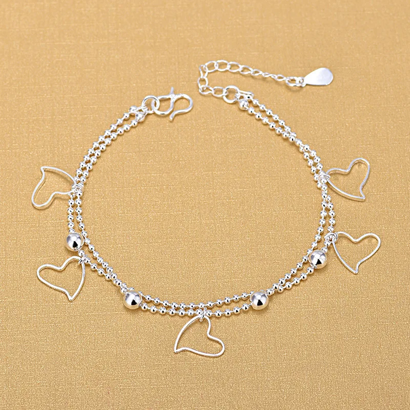

Fashion Women Double Layer Ball Chain Bracelet Lovely Hollow Heart Charm Bracelet Body Summer Jewelry, Silver