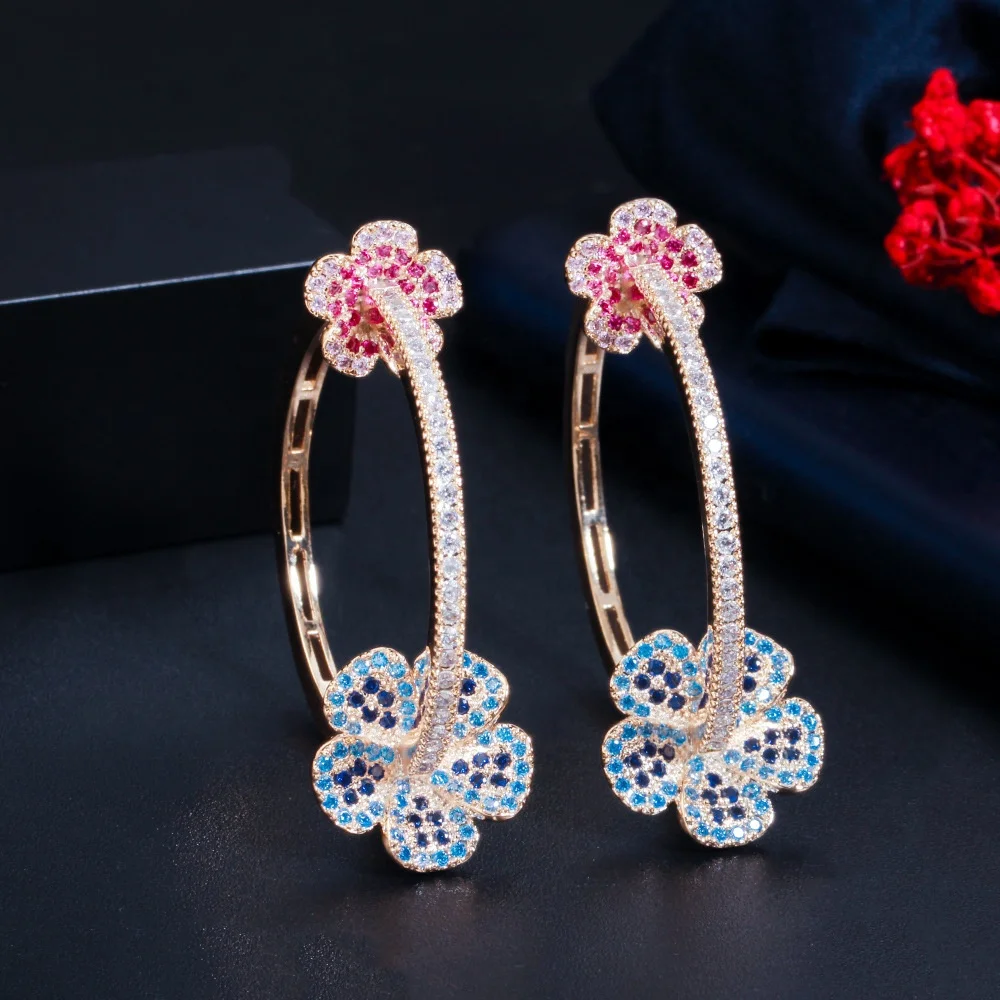 

Beautiful Lovely Blue Red Cubic Zircon Paved Big Flower Gold Color Round Hoop Earrings for Women Fashion Party Jewelry, Picture shows