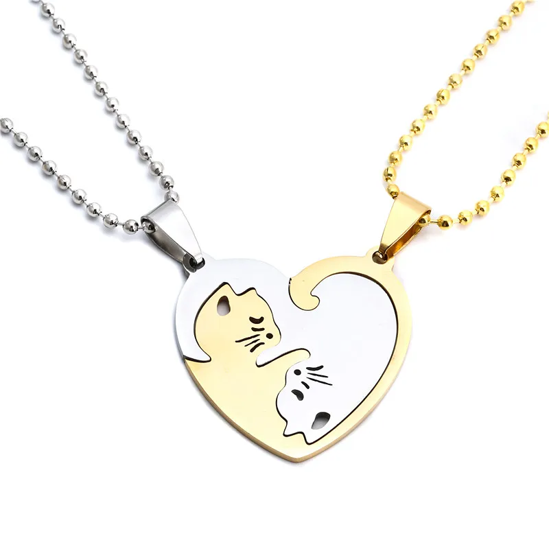 

Couple Gift New Fashion Jewelry Gold Silver Animal Heart Necklace Titanium Steel Cat Pendants Necklace For Love, 2 colors