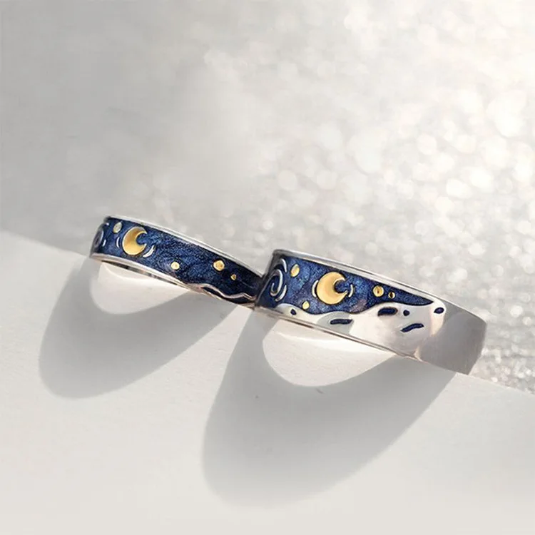 

Van Gogh Starry Sky Open Lover Rings Band Romantic Couple Jewelry Moon Star Ring, Gold, silver