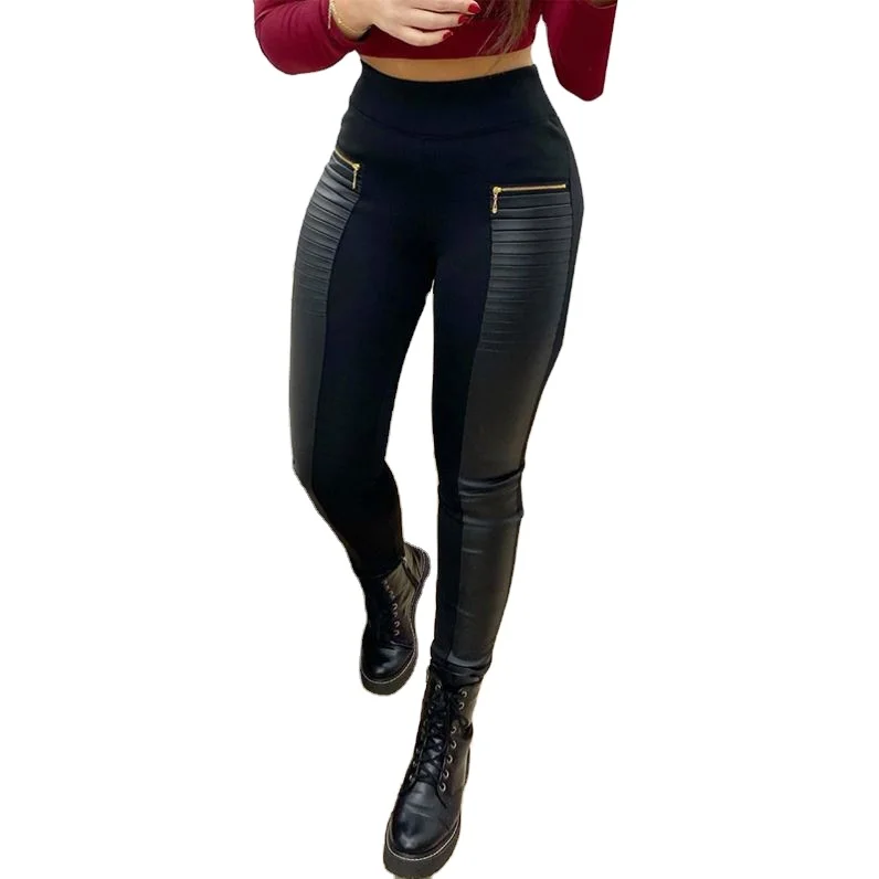 

LZQ2612- PU Leather Contrast Zipper Design High Waist Skinny Pants