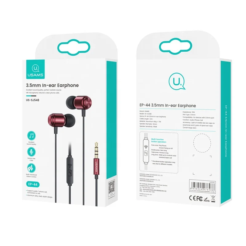 

USAMS EP-44 New Arrivals Earphone Wholesale Consumer Electronics 3.5mm In-ear Earphones 1.2m