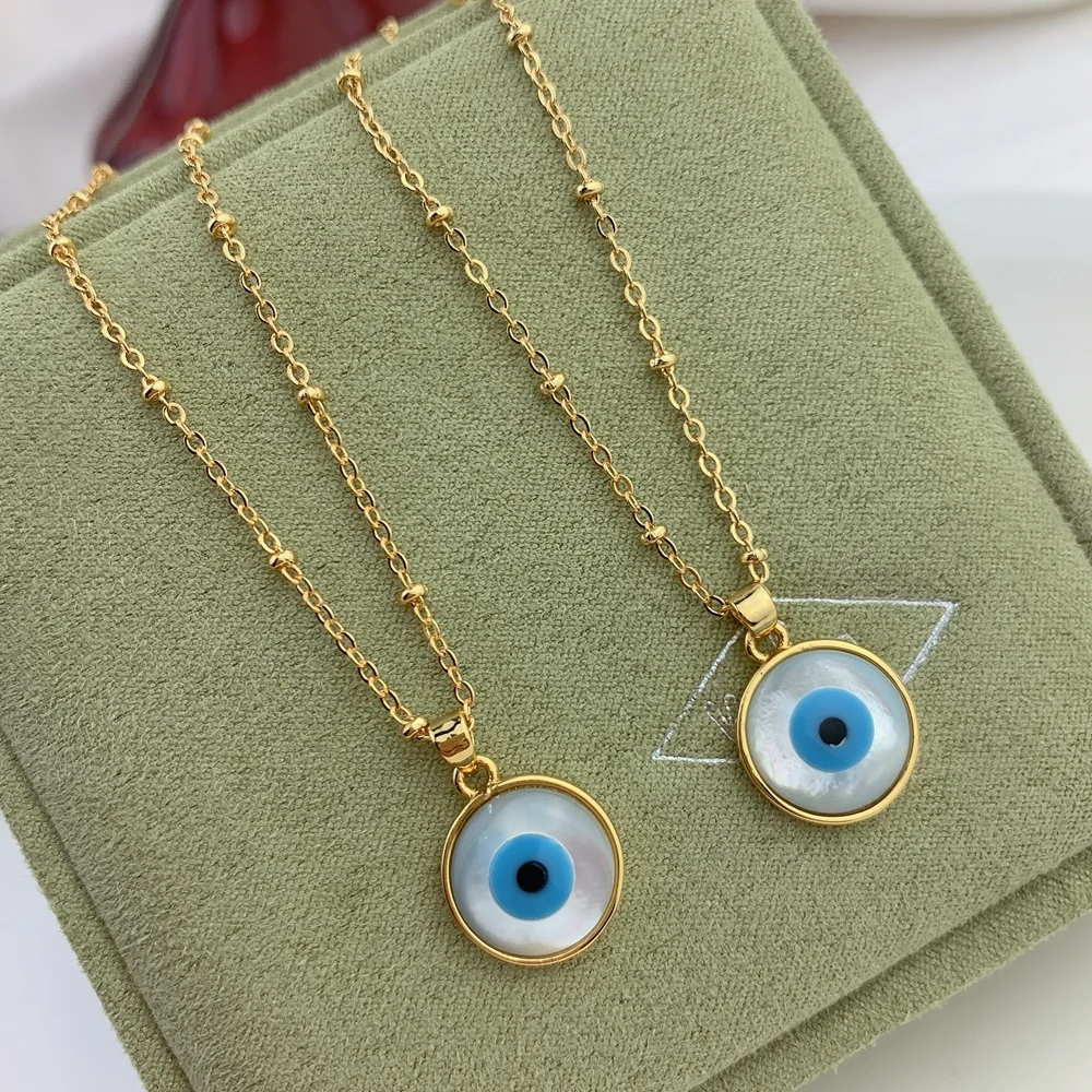 

Mother Of Pearl Shell Round Blue Evil Eye Necklace For Women Girl Gifts Jewelry Wholesale