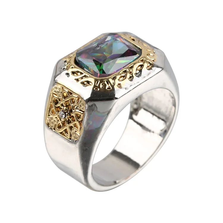 

Gold Plated Celtic Knot Flower Engraved Patterns Rainbow Mystic Topaz Men's Ring