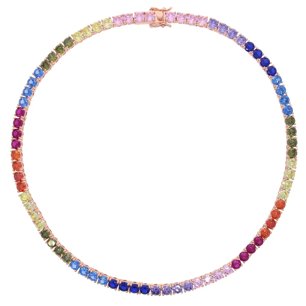 

Heavy Rainbow 5mm cubic zircon Paved tennis chain choker necklace with rose gold plated hip hop necklace jewelry wholesale, As pic