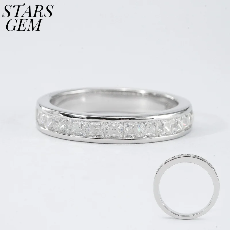 2mm Round Shape Full Band Channel Set Silver Plated White Gold Wedding Ring Princess Cut Channel Set Moissanite Wedding Band