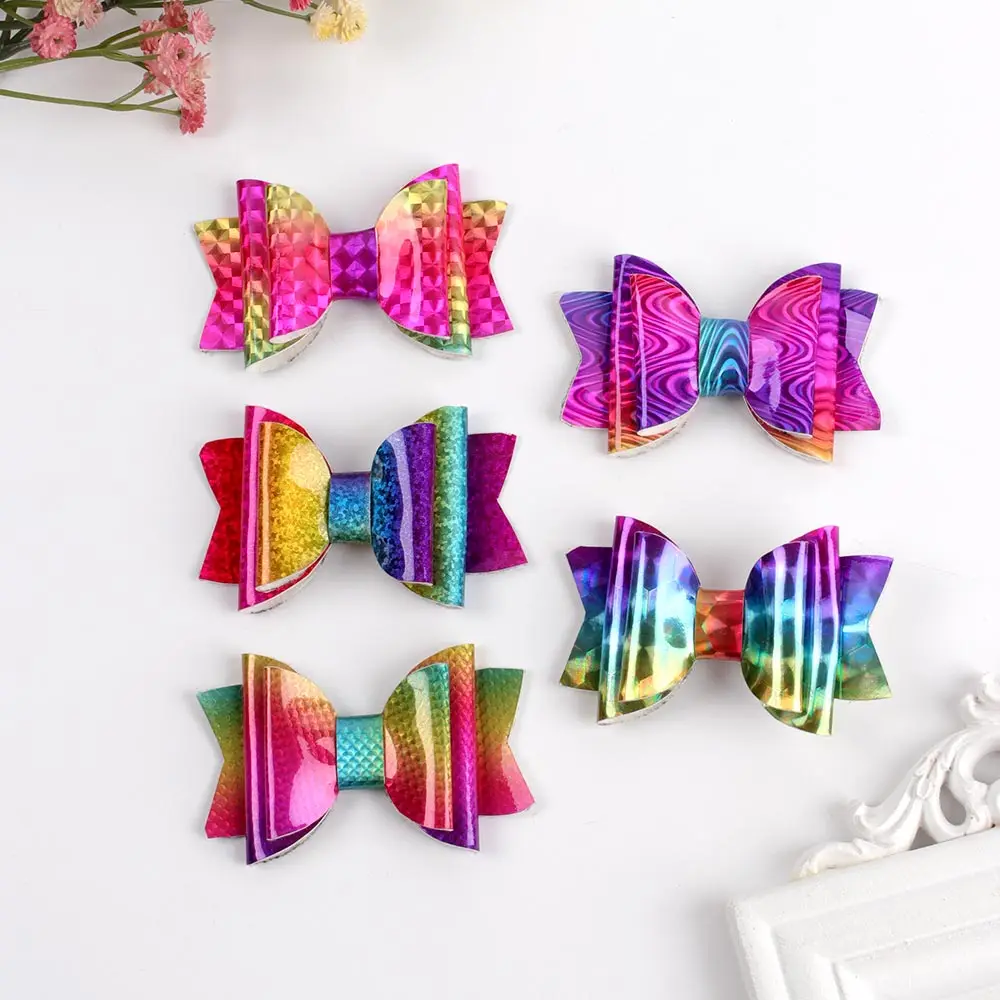 

2022 Newest Hair Accessories Attractive Stage Hair Clips Shiny PVC Laser Hairpins Mental Rainbow Hair Bows for Baby Girls