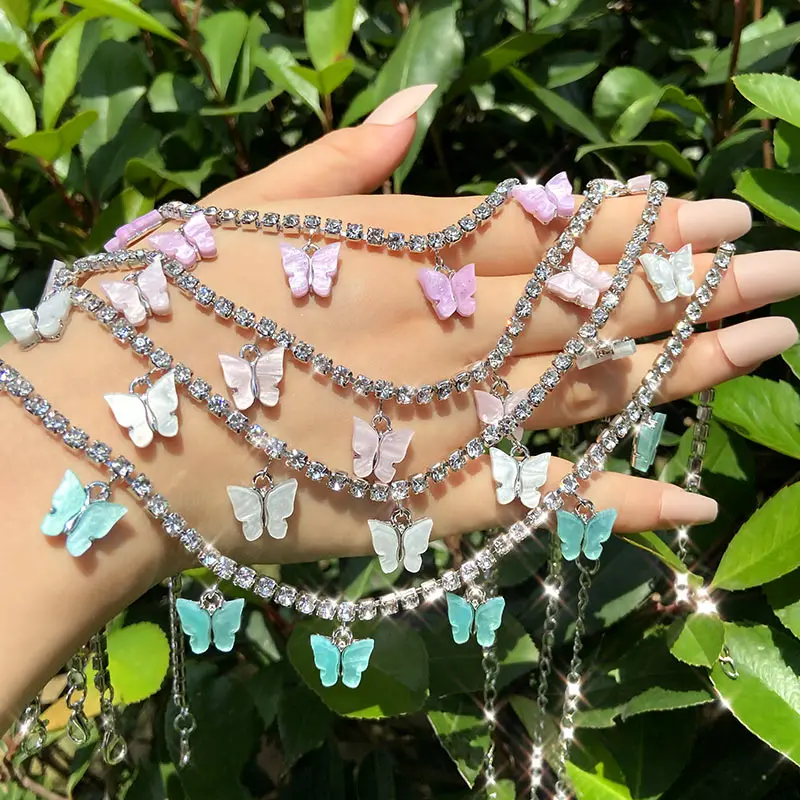 

2020 Fashion Wedding Jewelry For Women Silver Color Rhinestone Tennis Chain Choker Necklace Acrylic 7 Butterfly Pendant Necklace, Gold silver color