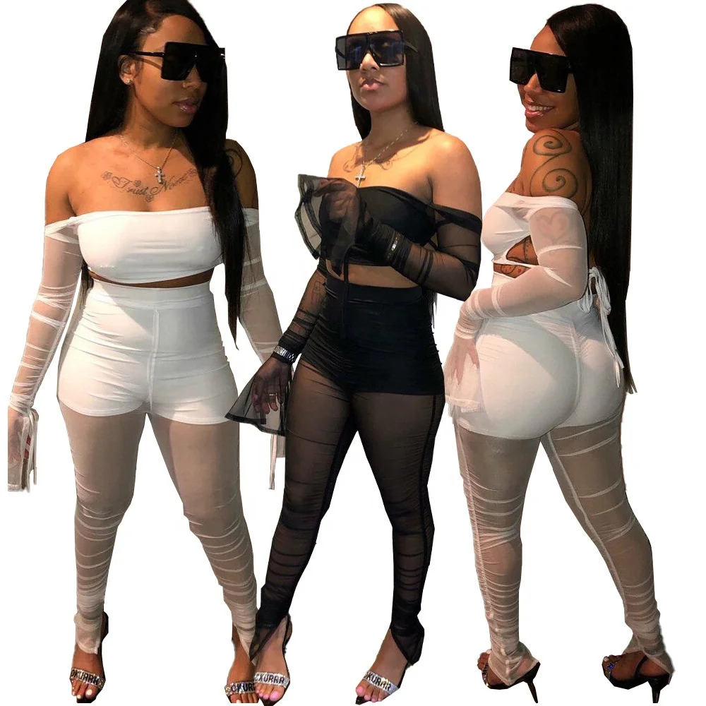 

B51726A New arrivals women fashion mesh sheer pleated two-piece pants set, Black/white