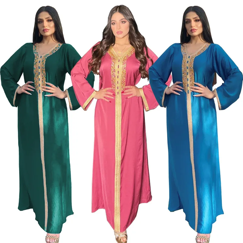 

2021 New Arrivals Fashion Arabic Islamic Women V-Neck Long Sleeve Diamond Ribbon Beaded Jalabiya Muslim Abaya