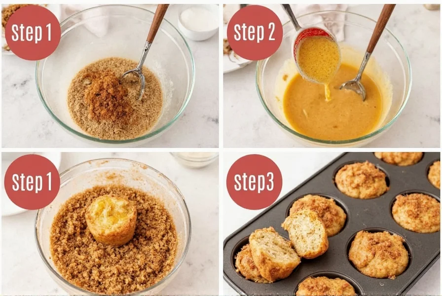 Step-by-step process showing mixing cinnamon muffin batter, adding streusel topping, and final baked muffins with cross-section view
