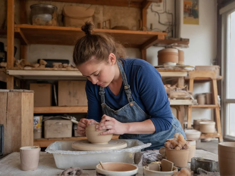 Artisan shaping pottery on wheel in sunlit workshop