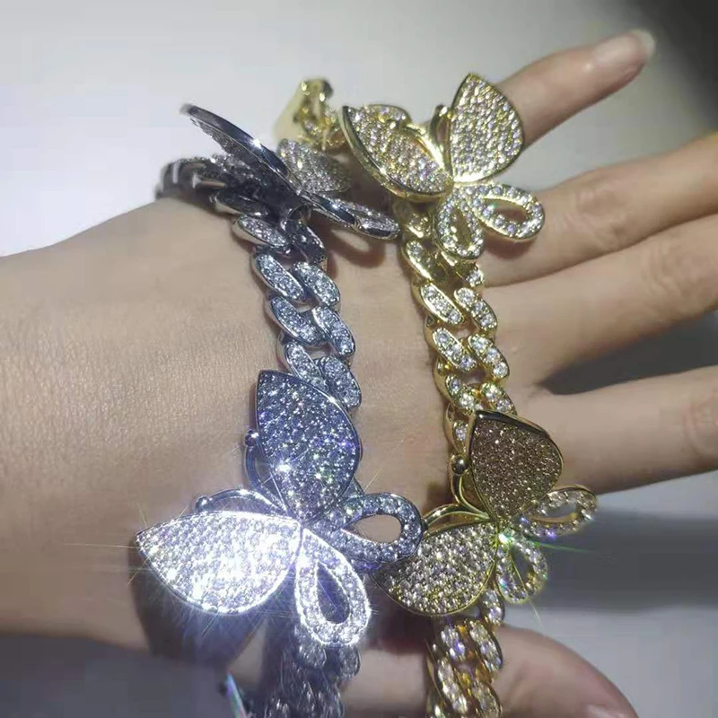 

Cuban Bracelet With Butterfly 9inch Ankle Mini Butterfly Pink Cz Punk Miami Link Bling Bling Hip Hop Jewelry