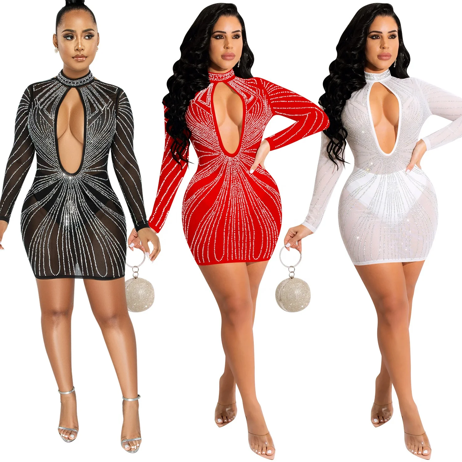 

2022 Women Diamond Cut Out Front Backless Bodycon Mini Dress Sexy Club Party Night Mesh Dresses Ladies Skirt Street Dresses