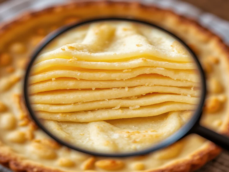 Flaky pie crust layers visible under magnifying glass