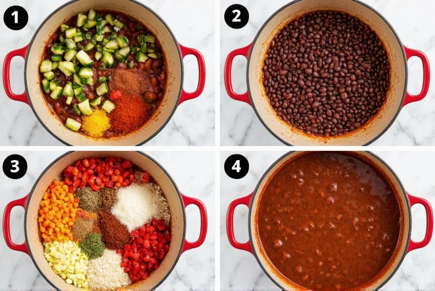 Step-by-step black bean chili preparation showing sautéed vegetables, spices, and simmering pot