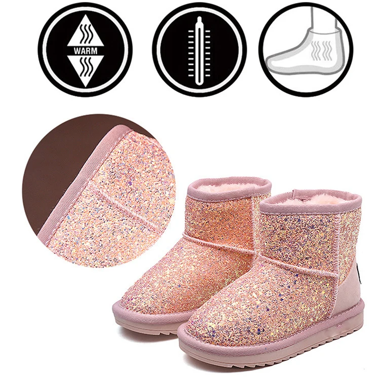 
Girls Toddlers Glitter Snow Bling Bling Kids Snow Boots Faux Fur Lining Warm Winter Non-Slip Shoes 