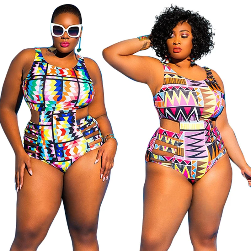 

Ladies plus size rainbow color printed swimsuit summer fashion XXL swimwear bikini for fat women, 3 colors in stock