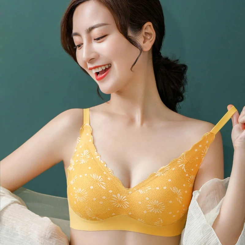 

Comfort Floral Lace Latex Padded Seamless Push Up Sports Bra Women Wireless Bra, 6 colors