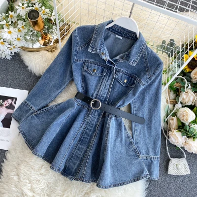 

New design women fashion denim blouse tops with belt