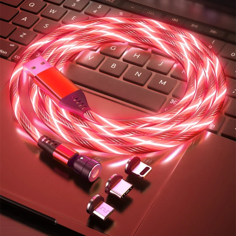 

3A LED LED light Fast charge data Cable+ 540 degree rotating LED Magnetic cable hot sale cable 3 IN 1 for micro/IOS / Type C, Green/red/blue/full color