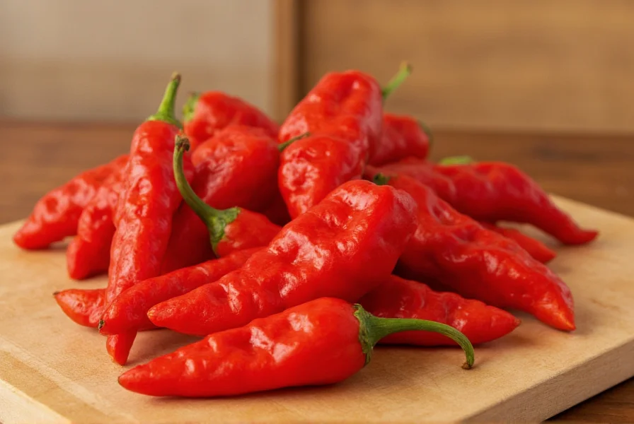 Close-up photograph of Carolina Reaper chili peppers showing their distinctive bumpy red skin and stinger-like tail on a wooden cutting board
