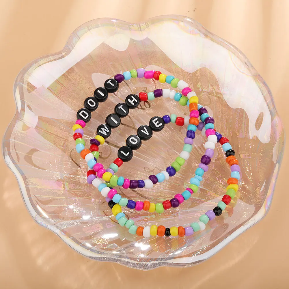 

Handmade Bohemian DO IT LOVE 26 Alphabet Color Beads Acrylic Bracelets Beaded Anklet Resin Bracelets with Letters Summer Jewelry, Colorful