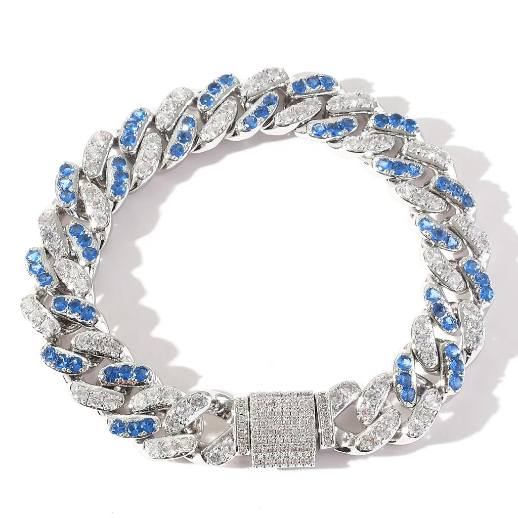 

Blue White Stone Paved Hip Hop Bling Iced Out Round Miami Cuban Chain Bracelets for Men Rapper Jewelry