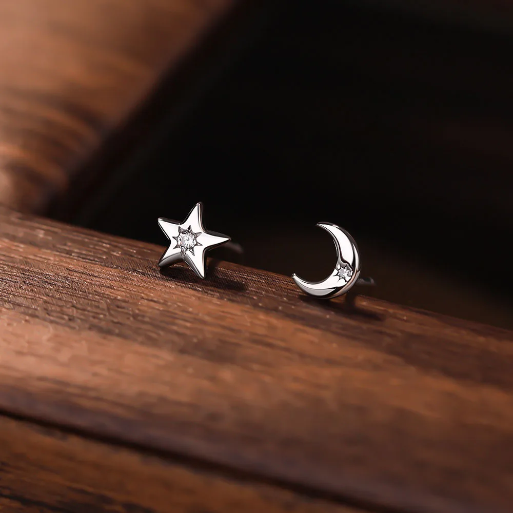 S999 Sterling Silver Asymmetric Zirconia Star Moon Stud Earrings for Women Jewelry Accessories YB-XY-419