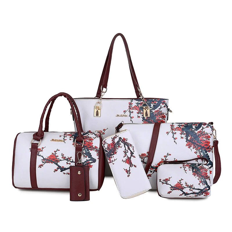 

6 Pcs/Set flower printed pu leather women purse clutch messenger shoulder bag ladies handbag set