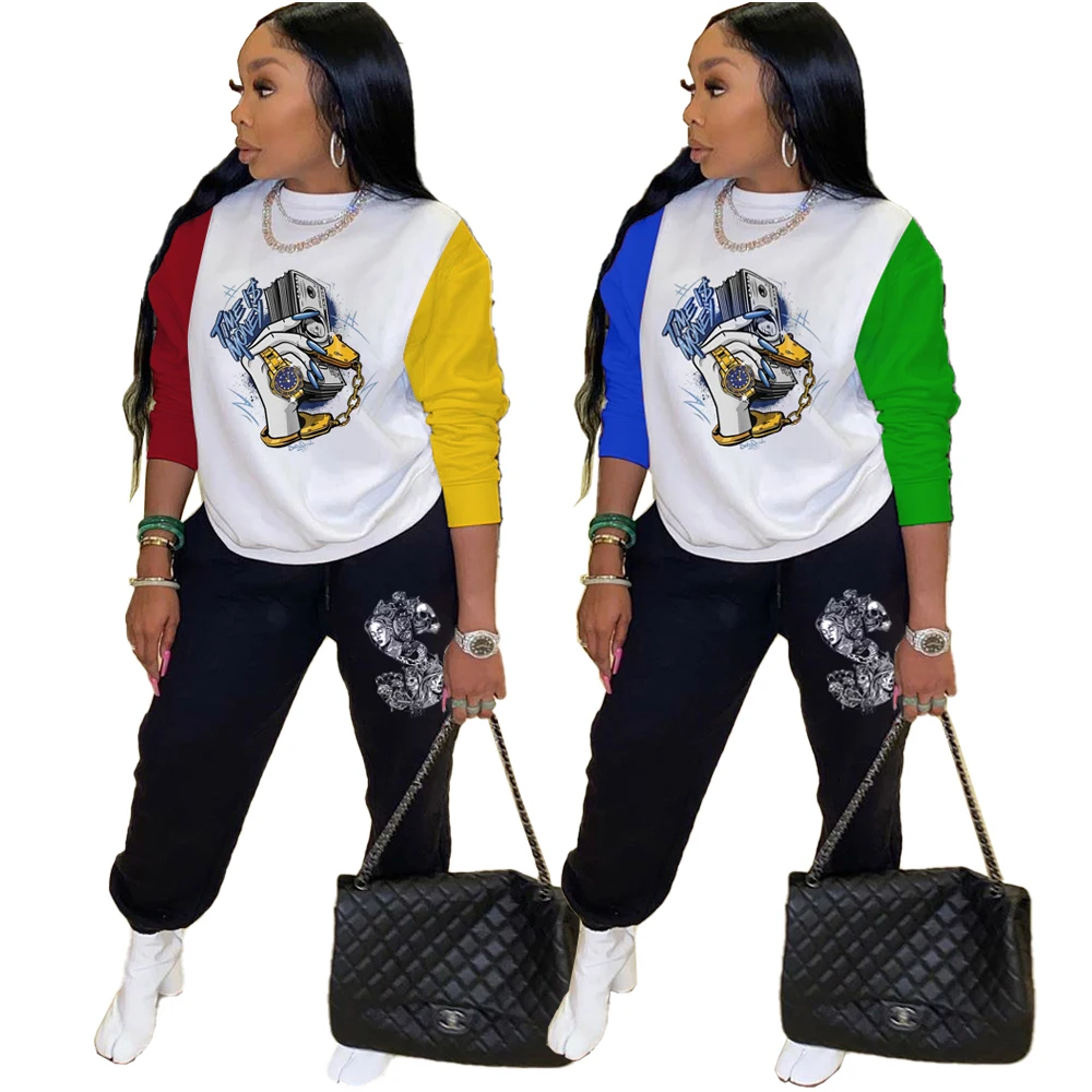 

2021 Hot Selling 2 Colors Loose Casual Sports Personality Printed 2 Piece Set