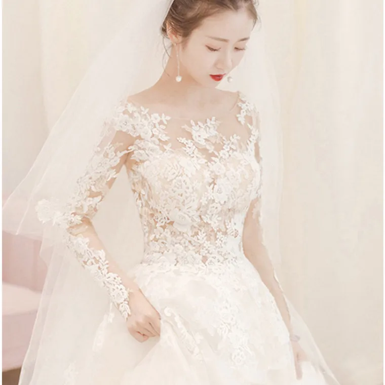 

New arrival factory supply Illusion princess full sleeve lace bride wedding dress Vestido de novia de princesa