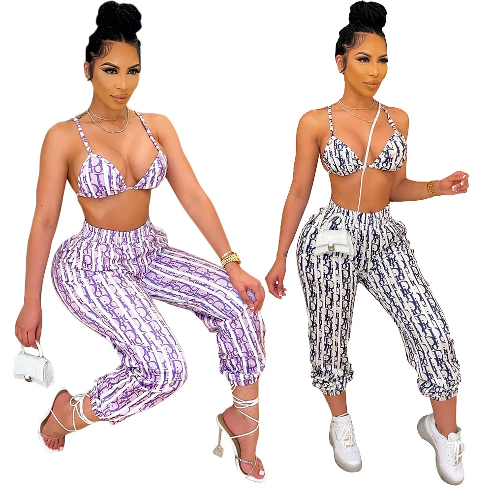 

Custom Logo 2021 Sexy Letters Geometric Print Bikini Straight Trousers Joggers Casual Women Two Piece Pants Set