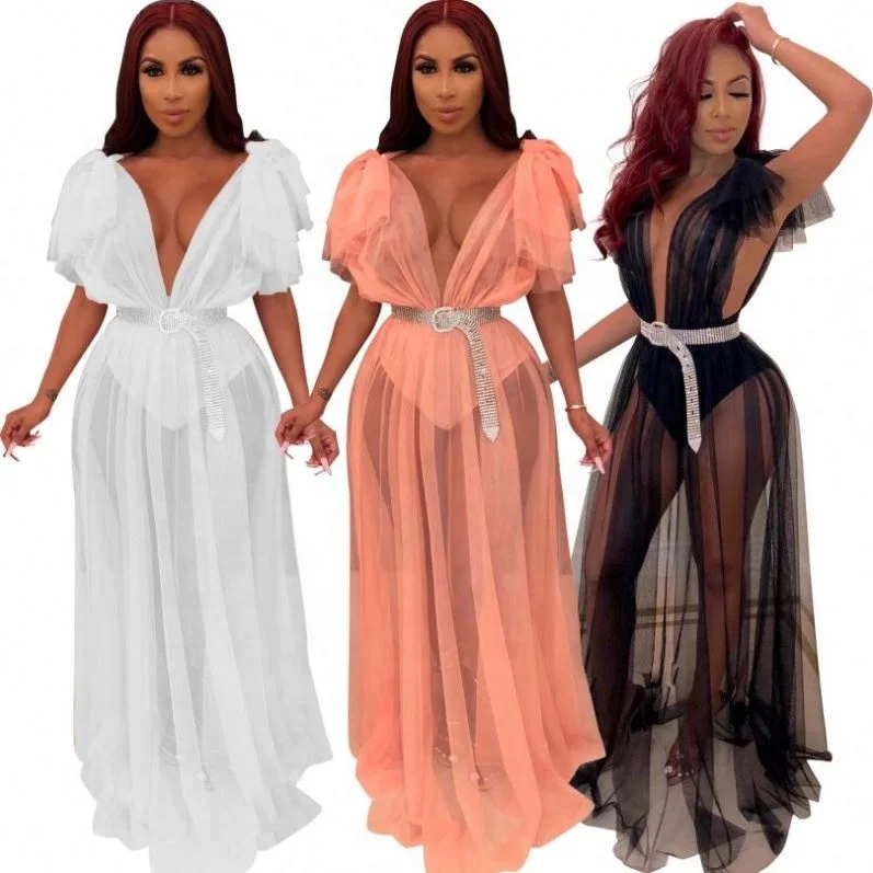 

summer ruffle sleeve deep v neck black mesh maxi dress women