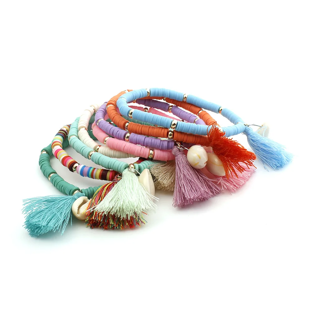 

2021 Fashion Boho Tassel Round Polymer Clay Beaded Bracelet, Multicolor